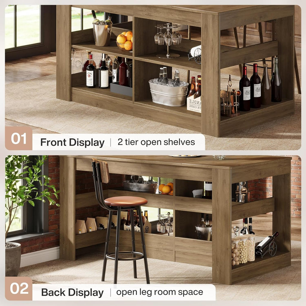 Tribesigns 63 Inch Kitchen Island with Seating and Storage, 3-Tier Farmhouse Stationary Island Table with Large Worktop & Leg Room, Coffee Bar Table with Shelves for Kitchen, Dining Room, Rustic Brown