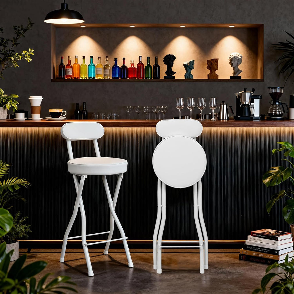 UWEAR Portable Folding Stool,Folding Bar Stool with Back,Leather Padded Counter Height Foldable Stool, Tall Chairs for Adults Kitchen Island Outdoor Shop Cafe(2 PCS Black) (2PCS White)