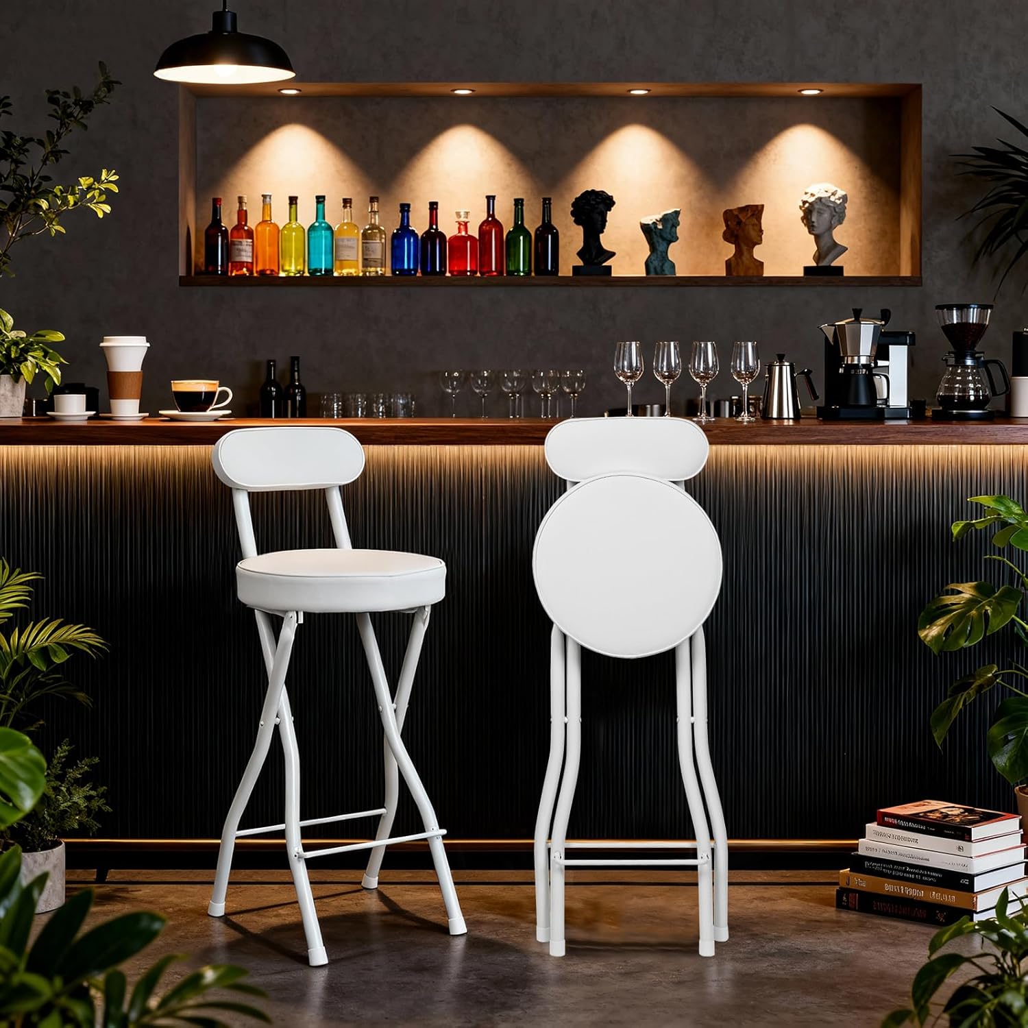 UWEAR Portable Folding Stool,Folding Bar Stool with Back,Leather Padded Counter Height Foldable Stool, Tall Chairs for Adults Kitchen Island Outdoor Shop Cafe(2 PCS Black) (2PCS White)
