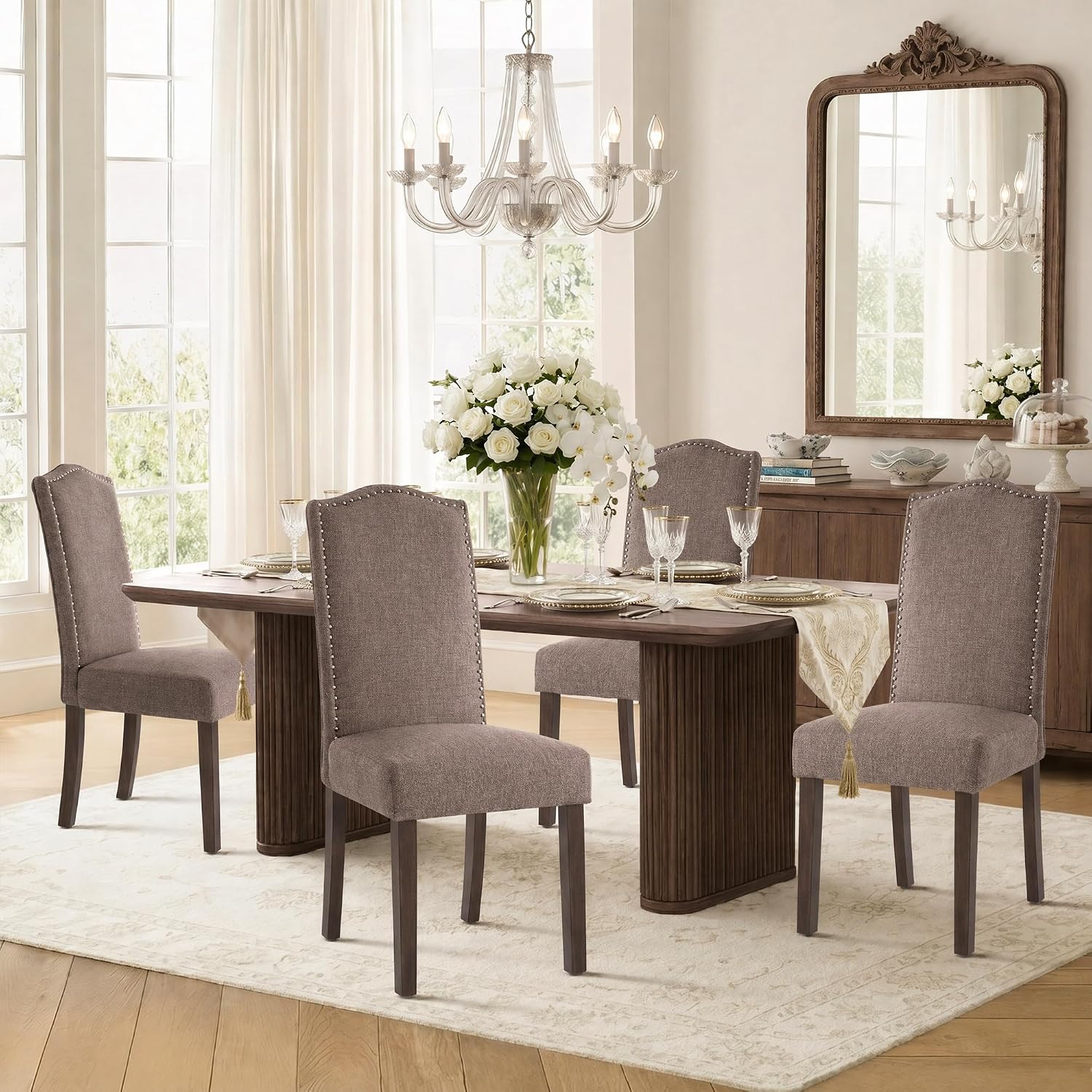 Upholstered Dining Chair Modern Stylish Kitchen Diner Fabric Set of 4 | Fabric Silver Nailhead Trim & Wood Legs, High Back, Living Room Restaurant Farmhouse Cafe, Mid Century Accent