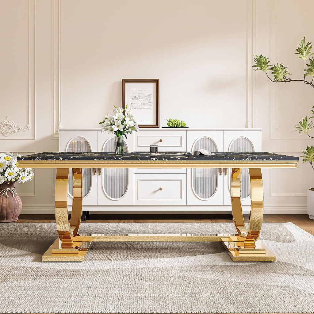 70" Marble Dining Table with Black Faux Marble Top and Gold O-Shape Stainless Steel Base, Modern Rectangular Kitchen Table for Living Room, Home Office, Easy to Clean