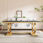 70" Marble Dining Table with Black Faux Marble Top and Gold O-Shape Stainless Steel Base, Modern Rectangular Kitchen Table for Living Room, Home Office, Easy to Clean