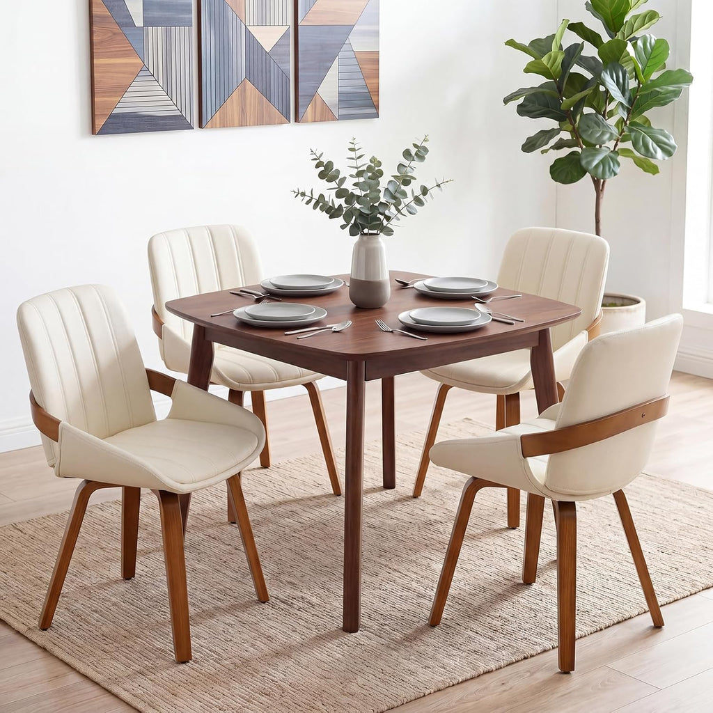 Mid Century Modern Faux Leather Upholstered Dining Chairs,Armless Accent Chairs with Sturdy Natural Wood Legs,Bamboo Backrest Support for Kitchen&Dining Room Chairs(Set of 4,Beige)