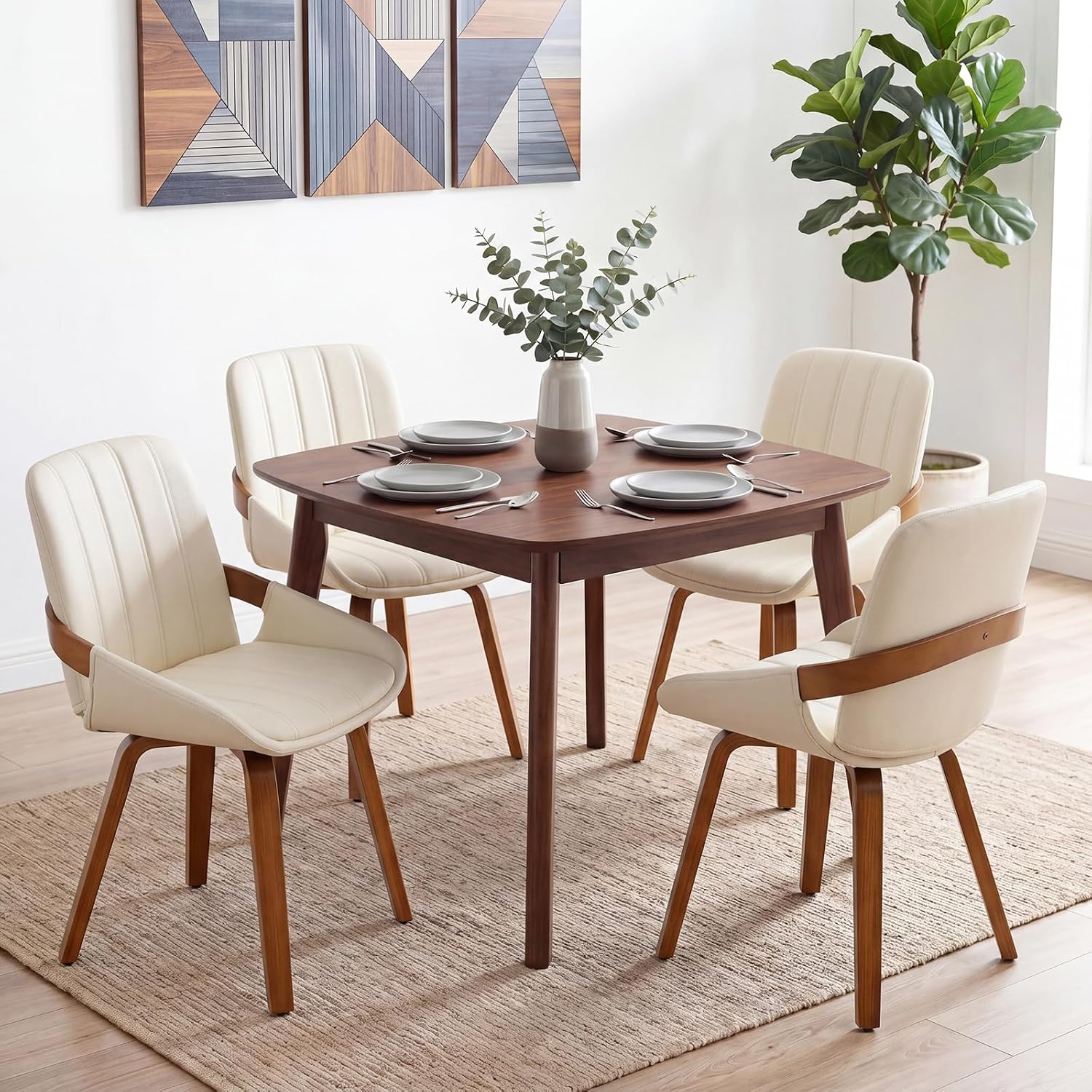 Mid Century Modern Faux Leather Upholstered Dining Chairs,Armless Accent Chairs with Sturdy Natural Wood Legs,Bamboo Backrest Support for Kitchen&Dining Room Chairs(Set of 4,Beige)