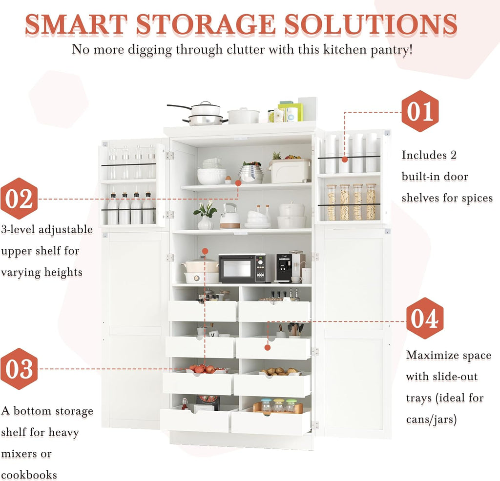 71" Kitchen Pantry Storage Cabinet, Freestanding Farmhouse Pantry Cabinet with 4 Doors, 2 Door Shelves, 8 Pull-Out Trays and Adjustable Shelf for Kitchen, Dining Room (White)