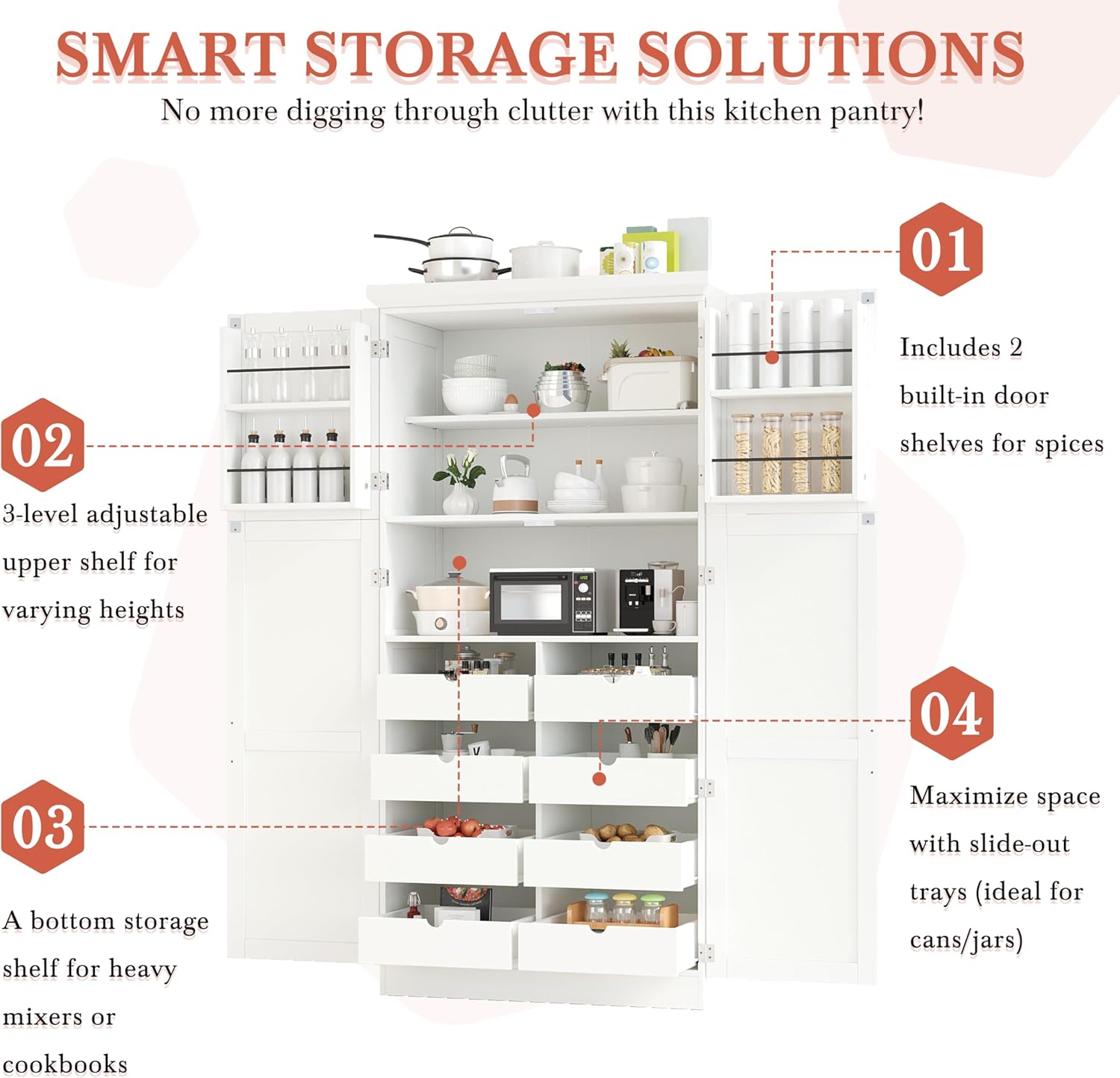 71 Inch Kitchen Pantry Cabinet with Pull-Out Trays, White | White P2 MDF, kitchen or dining room, door shelves, adjustable shelf, freestanding design, 17.6 in D, 35.5 in W