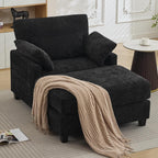 57.5" Oversized Chenille Chair with Movable Ottoman, Black Deep Seat Comfy Upholstered Chaise Lounge Reading Accent Armchair with Side Pocket, Single Sleeper Sofa for Living Room Bedroom Small Space
