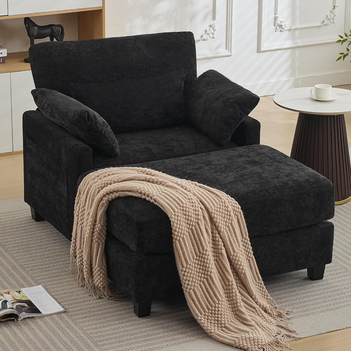 57.5" Oversized Chenille Chair with Movable Ottoman, Black Deep Seat Comfy Upholstered Chaise Lounge Reading Accent Armchair with Side Pocket, Single Sleeper Sofa for Living Room Bedroom Small Space
