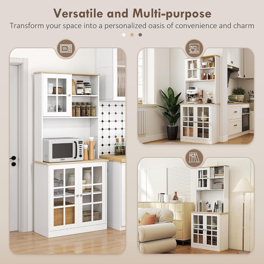 HOMCOM Kitchen Pantry Storage Cabinet 72" with Hutch, White | Large Countertop, Freestanding, Glass Doors, Adjustable Shelves, Dining Room