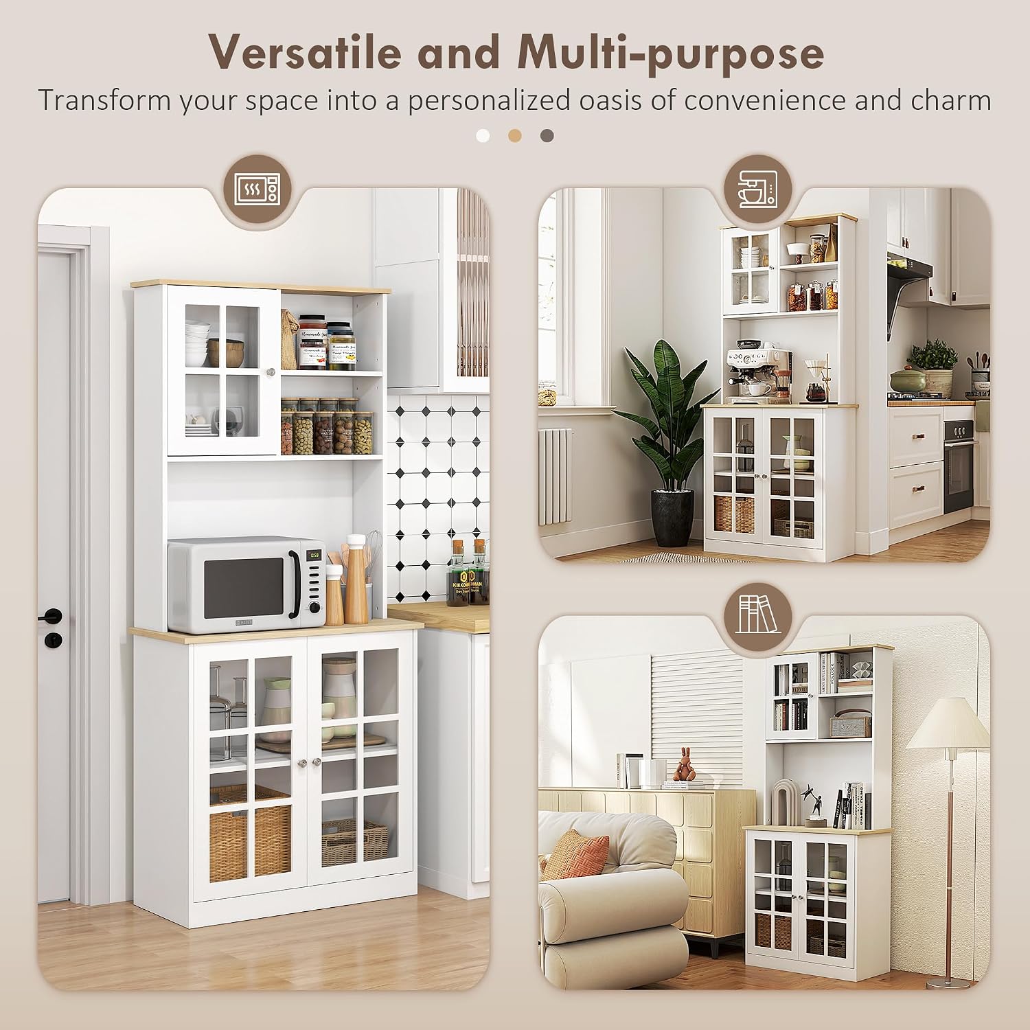 HOMCOM Kitchen Pantry Storage Cabinet 72" with Hutch, White | Large Countertop, Freestanding, Glass Doors, Adjustable Shelves, Dining Room