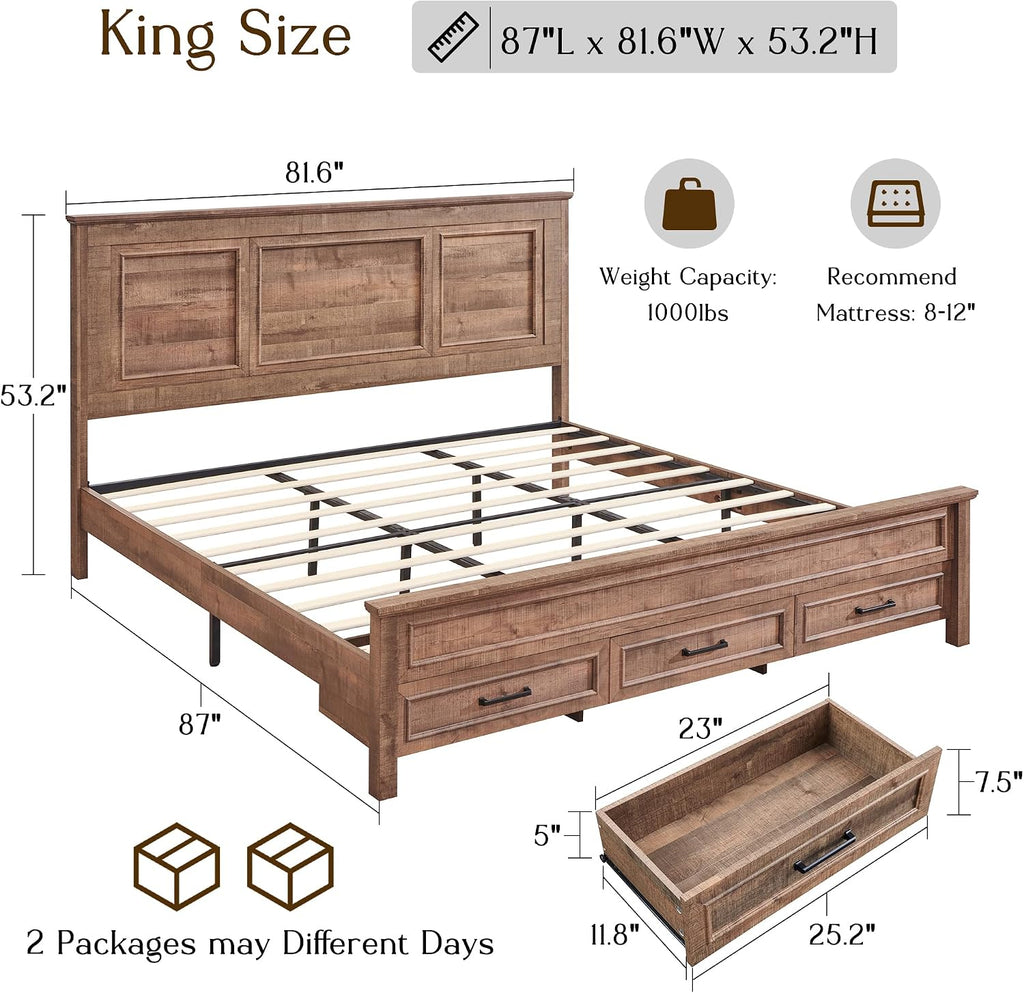 ACCOHOHO Farmhouse King Size Bed Frame with 53" Tall Headboard, Light Brown