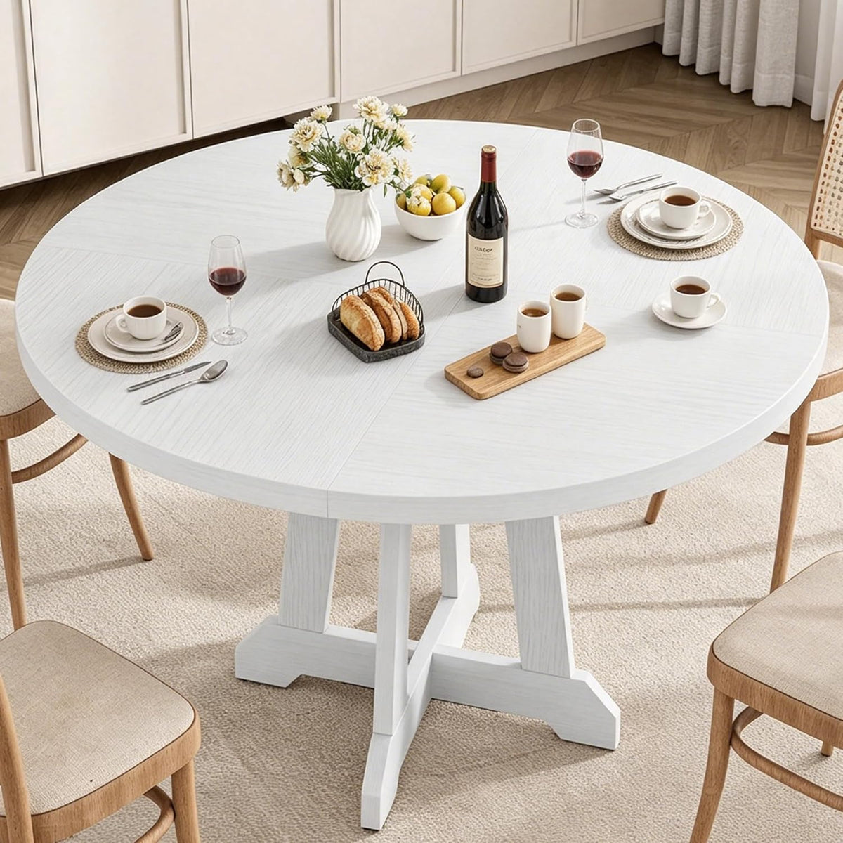 GarveeHome Round Dining Table for 4, 47 Inches Dining Room Table with Wooden Base, Kitchen Table with Circle Tabletop, Dinner Table for Dining Room, Kitchen, Living Room, White