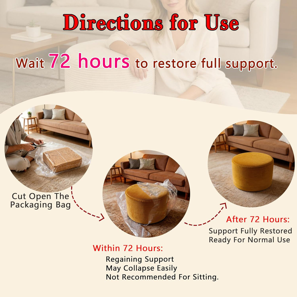Thgonwid Round Ottoman Pouf, Plush Corduroy Foot Stool with High-Density Memory Foam, 3-in-1 Footrest Extra Seating Side Table for Living Room Bedroom Home Decor, 20 x 14 Inch, Gold Yellow