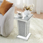 Silver Mirrored End Table with Crystal, Modern Side Accent Table, Square Small Coffee Table for Living Room, Bedroom,Office, Hallway, Entryway