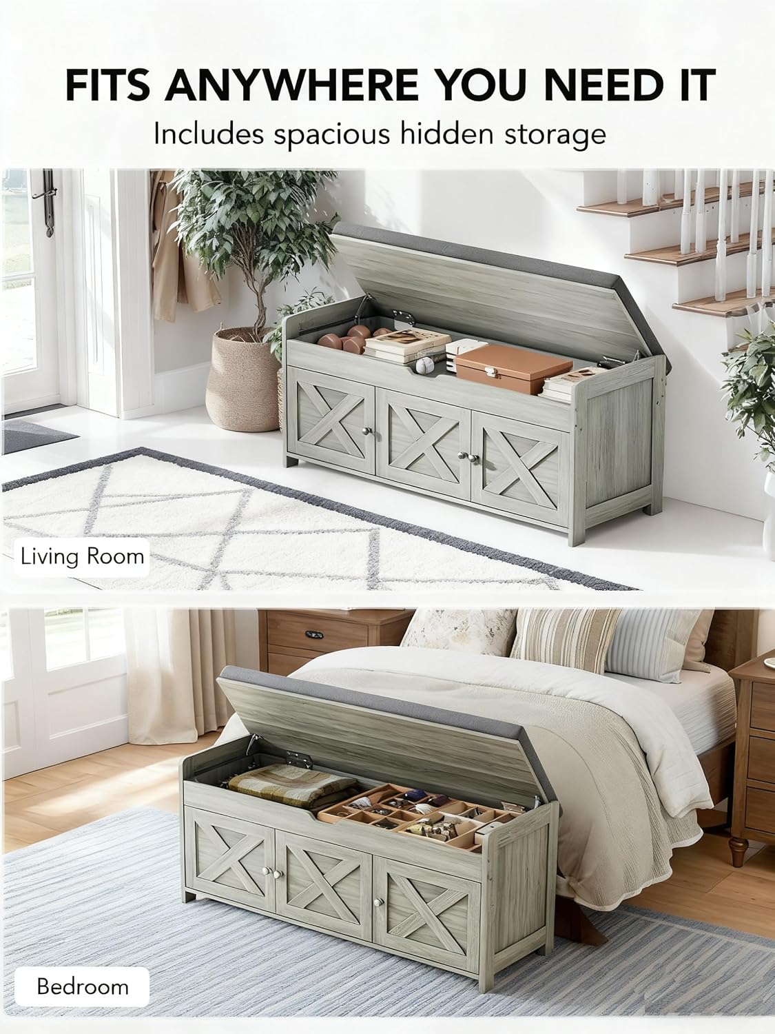 Amada Farmhouse Shoe Storage Bench with Cushion, 3 Doors & Lift-Top Storage, Adjustable Shelves, 300 lbs Capacity Entryway Bench for Bedroom, Living Room, Wash Grey