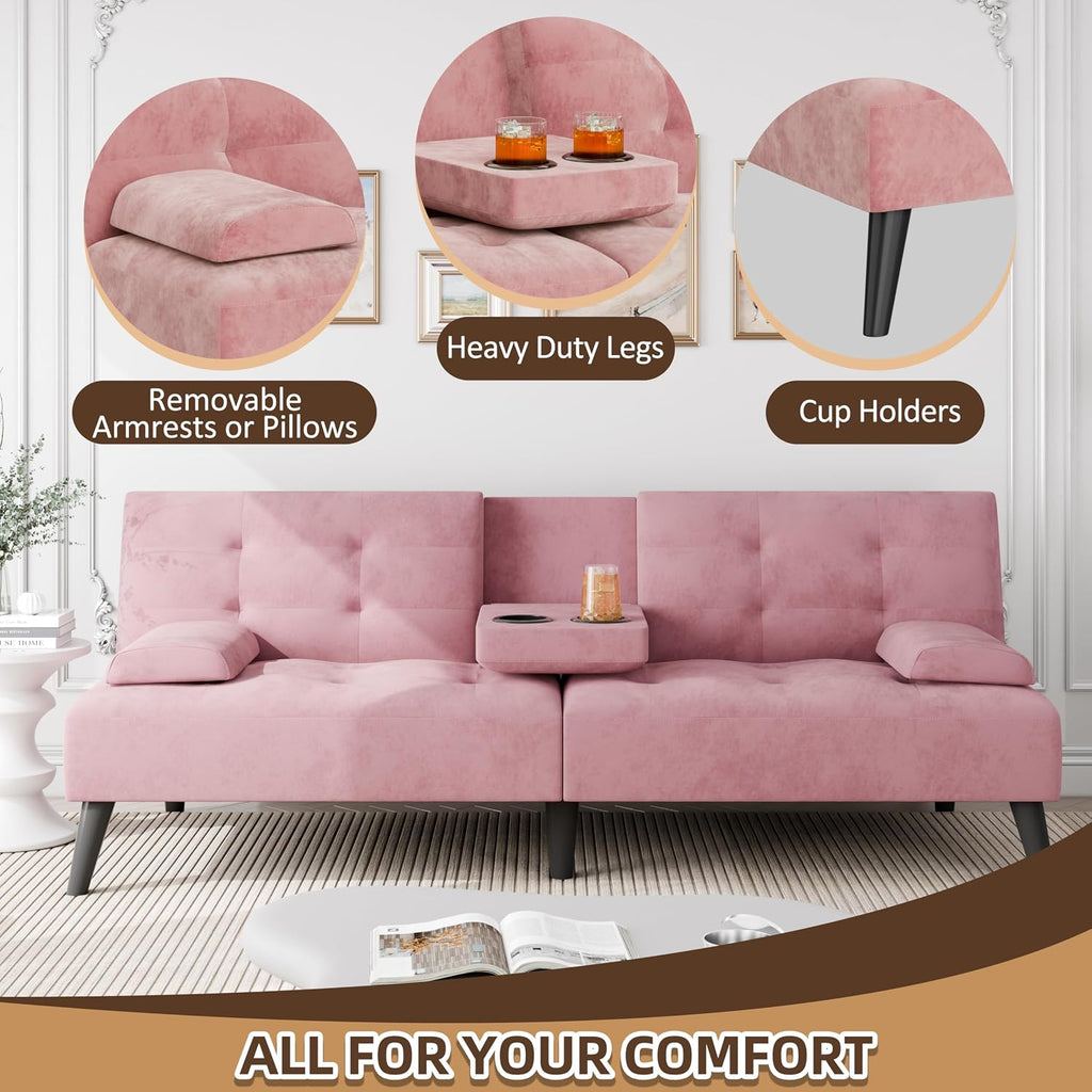 JAMFLY Futon Sofa Bed, 64" Small Futon Couch with Adjustable Backrest, 3-Angle Recliner, Detachable Armrests with Cup Holders for Small Spaces (Pink Velvet)