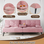 JAMFLY Futon Sofa Bed, 64" Small Futon Couch with Adjustable Backrest, 3-Angle Recliner, Detachable Armrests with Cup Holders for Small Spaces (Pink Velvet)
