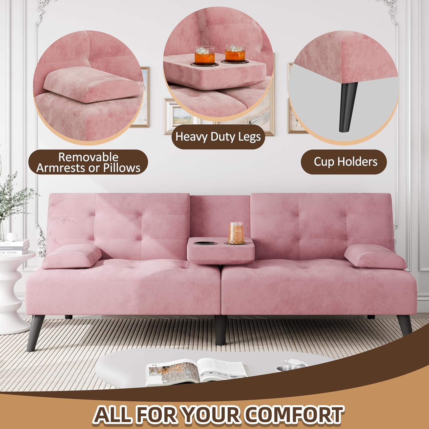 JAMFLY Futon Sofa Bed, 64" Small Futon Couch with Adjustable Backrest, 3-Angle Recliner, Detachable Armrests with Cup Holders for Small Spaces (Pink Velvet)