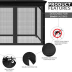 10'x10' Gazebo Mesh Netting, 4 Panels with Zippers, Black
