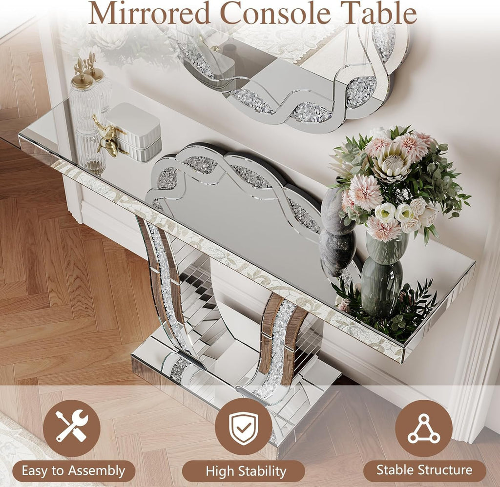 43.3'' Mirrored Console Table Silver Mirrored Entryway Sofa Table for Living Room Office, Curved Design Crystal Accent, Modern Entryway Console Desk for Hallway Entrance, 43''x12'' Glass Top