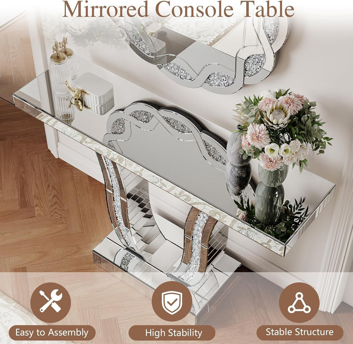 43.3'' Mirrored Console Table Silver Mirrored Entryway Sofa Table for Living Room Office, Curved Design Crystal Accent, Modern Entryway Console Desk for Hallway Entrance, 43''x12'' Glass Top