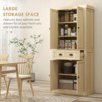 72" Farmhouse Kitchen Pantry Cabinet, Freestanding Tall Storage Cabinet with 4 Soft-Close Doors, 2 Adjustable Shelves and Drawer for Dining Room, Natural Wood