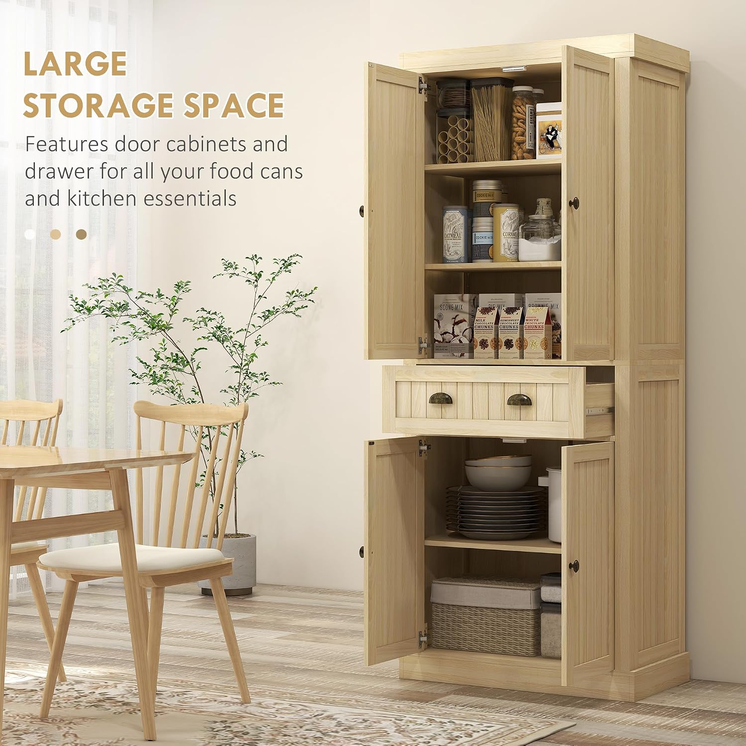 72" Farmhouse Kitchen Pantry Cabinet, Freestanding Tall Storage Cabinet with 4 Soft-Close Doors, 2 Adjustable Shelves and Drawer for Dining Room, Natural Wood
