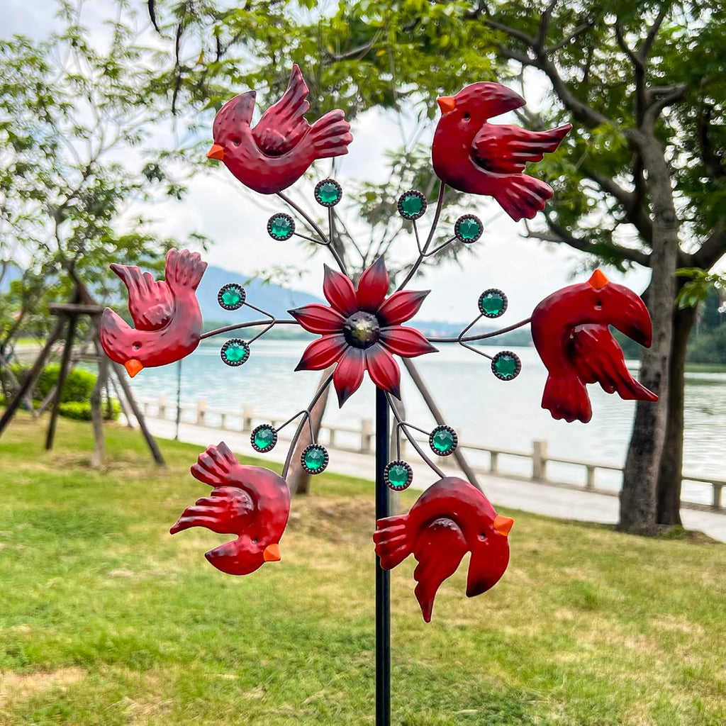 Cardinal Red Bird Wind Spinner Garden Decor, 48 Inch Metal Yard Spinner Sculpture for Patio Lawn & Outdoor Decorations