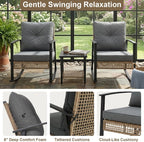 TARKARI 3-Piece Patio Rocking Chairs Set of 2, Outdoor Rocking Chair Bistro Set with Upgraded 2.0 Rust-Proof Alloy Frame & Premium Olefin Cushions, Wicker Rocking Chairs Patio Furniture Set, Grey