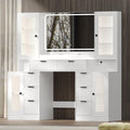 Fluted Makeup Vanity Desk with Mirror and Lights, 55" Glass Top Vanity with 8 Drawers & 4 RGB Glass Cabinets, Adjustable Shelves & Power Outlet, Modern Dressing Table Set for Women Girls Bedroom