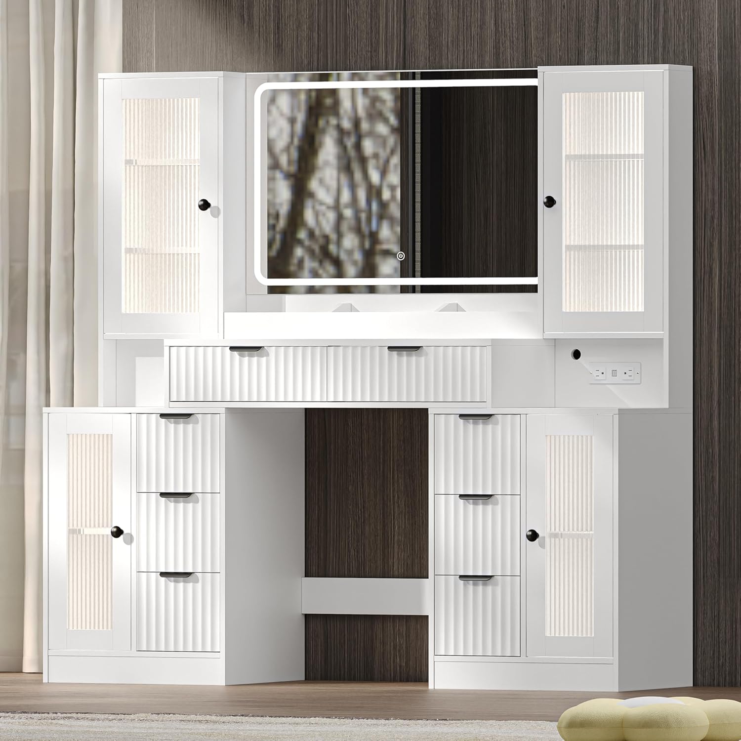 Fluted Makeup Vanity Desk with Mirror and Lights, 55" Glass Top Vanity with 8 Drawers & 4 RGB Glass Cabinets, Adjustable Shelves & Power Outlet, Modern Dressing Table Set for Women Girls Bedroom