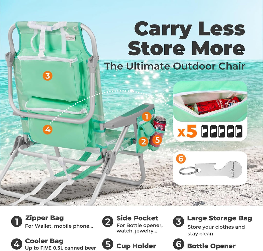 Low Beach Chairs for Adults - 5-Position Lay-Flat Backpack Chair with Large Insulated Cooler & Storage Pocket, Aluminum Frame, Portable for Travel & Outdoor, Supports 300lbs, Ocean Mint