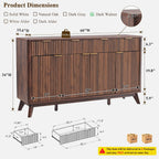 T4TREAM 60 Inch Fluted Buffet Sideboard Cabinet, Dark Walnut | Modern Coffee Bar Storage Cabinet With 3 Drawers & 4 Doors, for Dining Room, Living Room, Hallway, Adjustable shelves