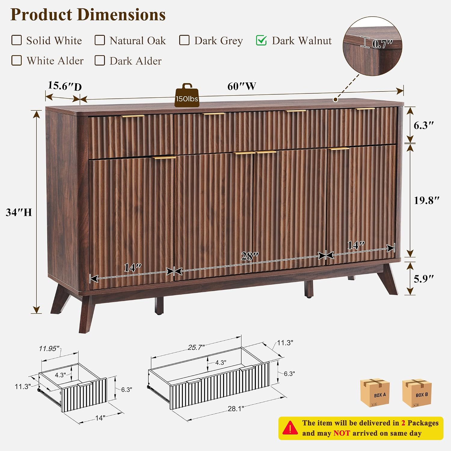 T4TREAM 60 Inch Fluted Buffet Sideboard Cabinet, Dark Walnut | Modern Coffee Bar Storage Cabinet With 3 Drawers & 4 Doors, for Dining Room, Living Room, Hallway, Adjustable shelves