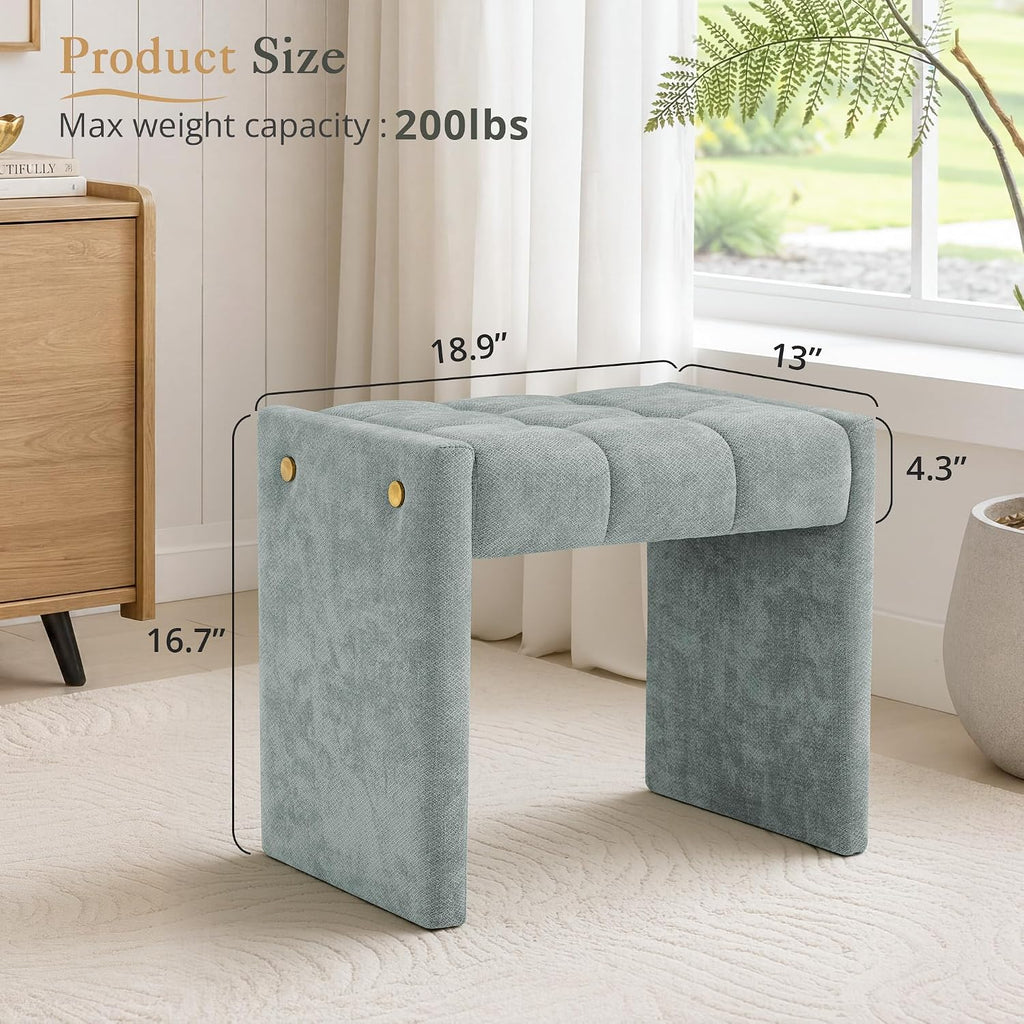 LUE BONA Modern Grid Tufted Vanity Bench Stool, 4.33'' Thick Chenille Upholstered Ottoman Footstool for Makeup Room, Bedroom & Living Room, 200lbs Capacity, Smoky Blue
