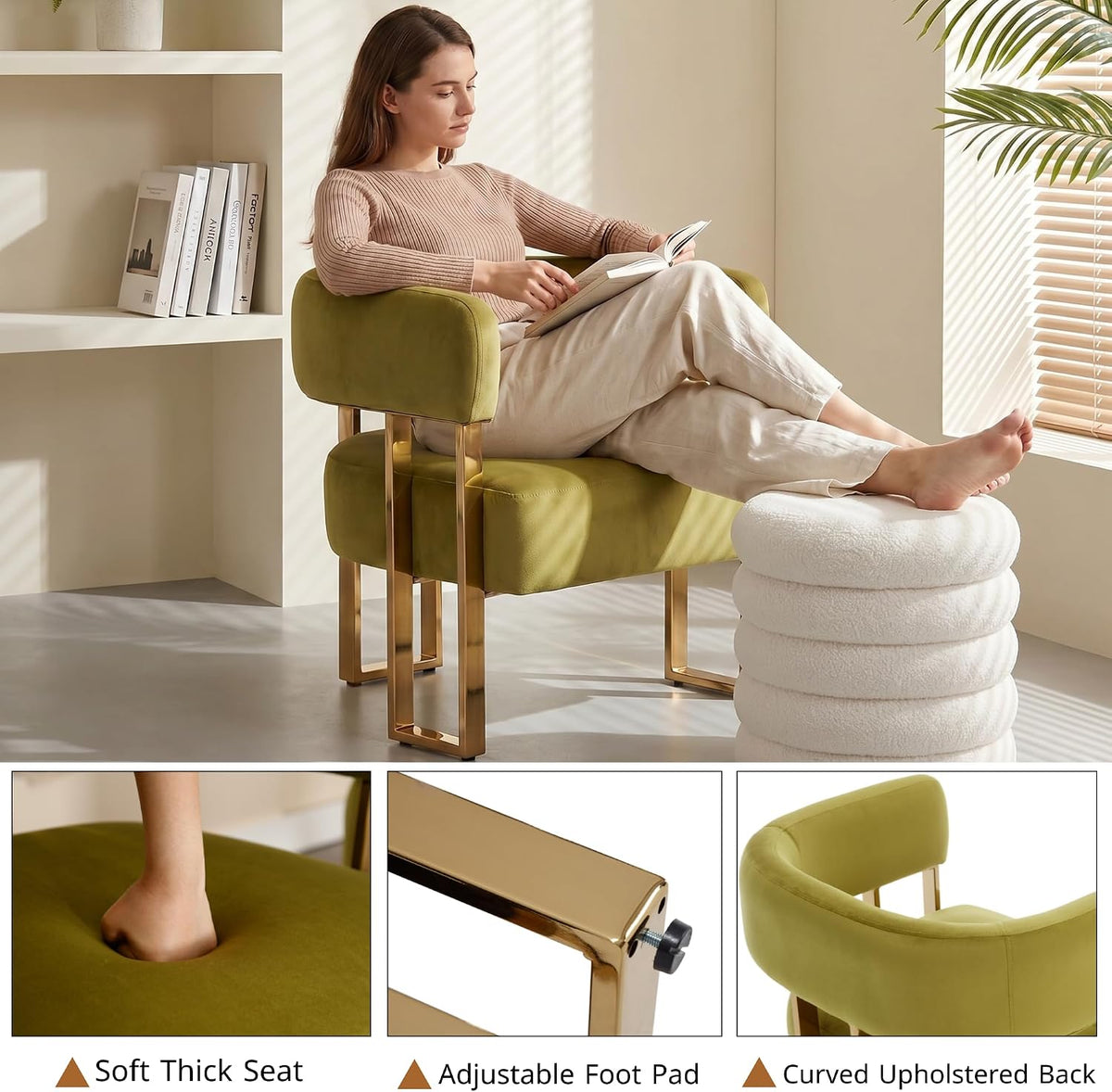 Modern Barrel Accent Chair, Living Room Side Chair with Golden Metal Legs, Soft Velvet Reading Armchair for Bedroom, Upholstered Club Chair for Reception Room/Lounge/Office, Olive