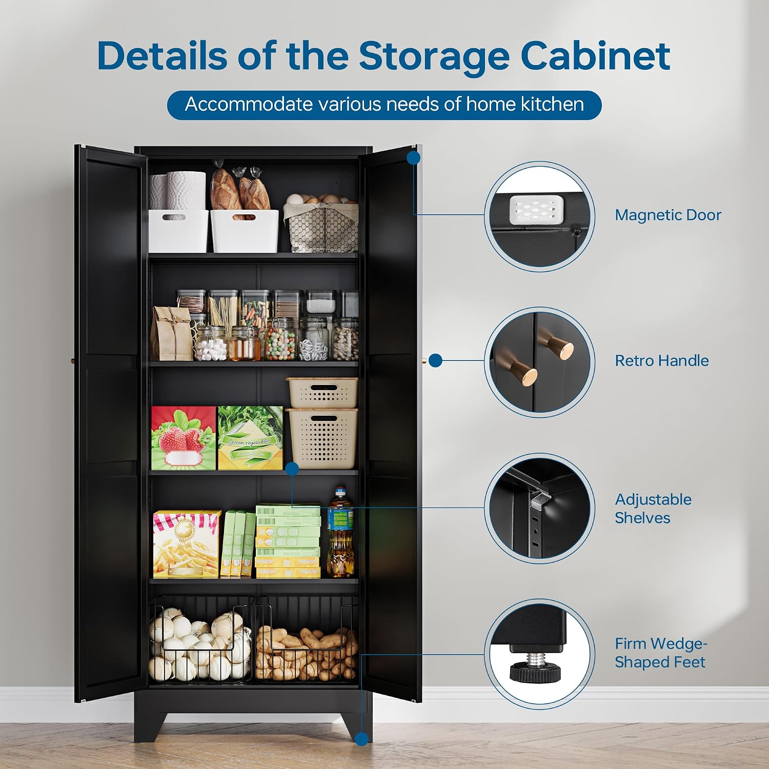 PEUKC 75" Farmhouse Metal Storage Cabinet with Doors and 4 Adjustable Shelves, Large Pantry Organizer for Kitchen, Dining Room, and Living Room,Assemble Require(Black)