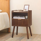 Night Stand, Mid Century Modern Nightstand with Fluted Drawers and Open Shelf, Small Accent Bedside Table for Bedroom, Living Room, and Small Spaces (Walnut Brown)