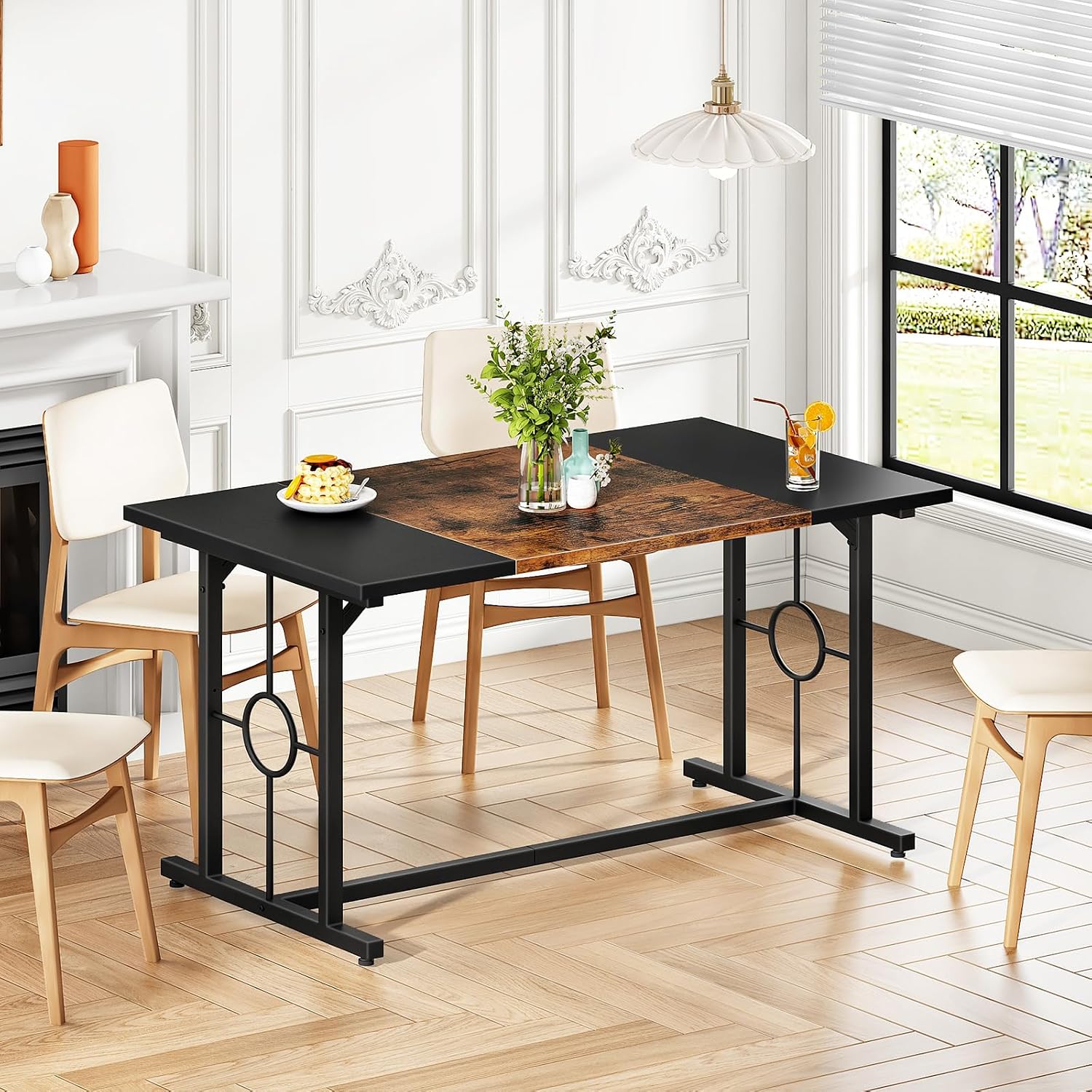 HOOBRO Dining Table, Wooden Kitchen Table for 4-6, Rectangular Dining Room Table with Sturdy Metal Legs, Long Dinner Tables with Large Tabletop for Living Room Kitchen, Rustic Brown and Black BF20CZ01