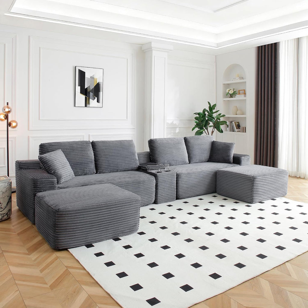 125" Oversized Sectional Couches for Living Room, Modern Cloud Couch with Ottoman,USB Port&Cup Holders, Comfy Corduroy Modular Sectional U Shape Sofa Couch for Apartment, Grey Couch in a Box