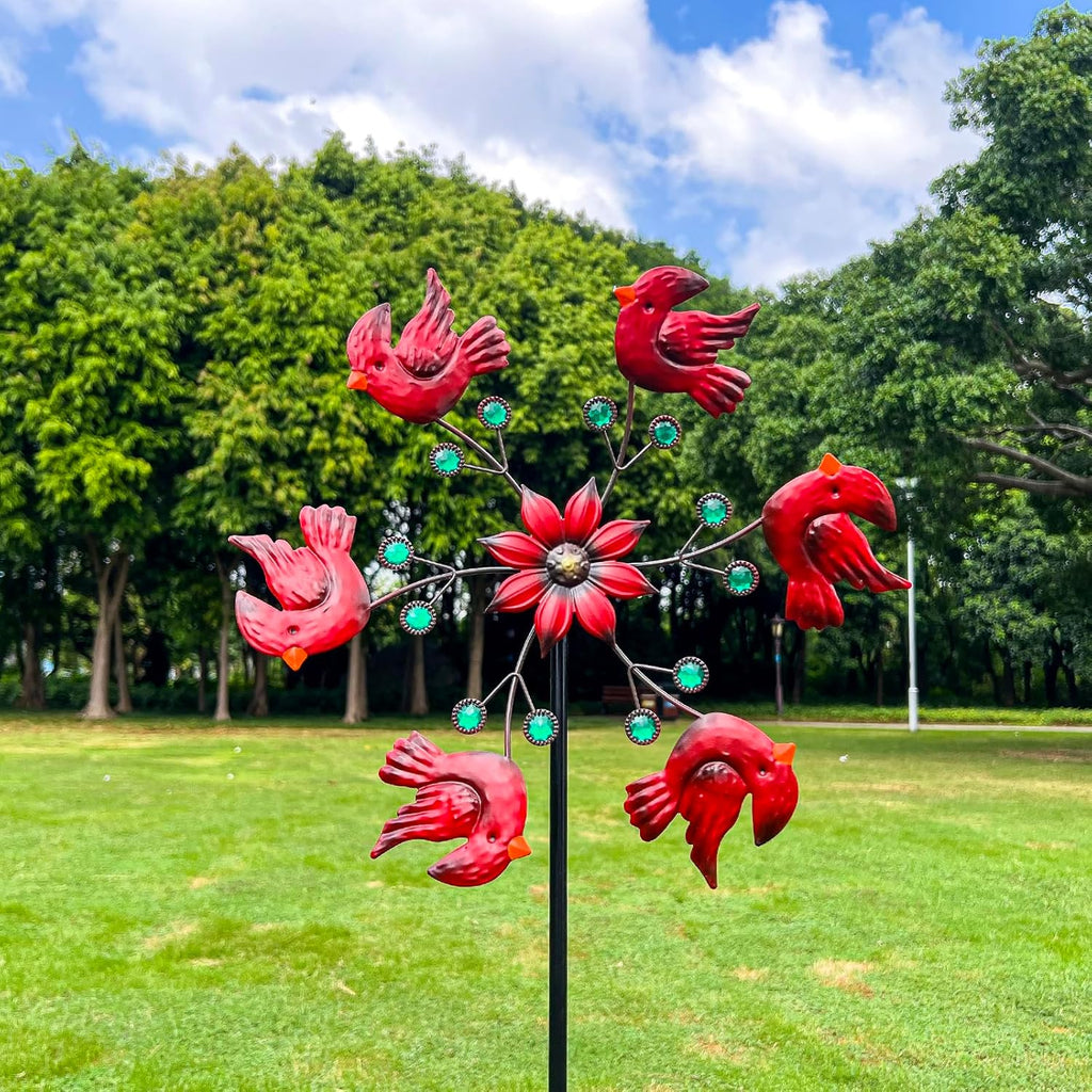 Cardinal Red Bird Wind Spinner Garden Decor, 48 Inch Metal Yard Spinner Sculpture for Patio Lawn & Outdoor Decorations