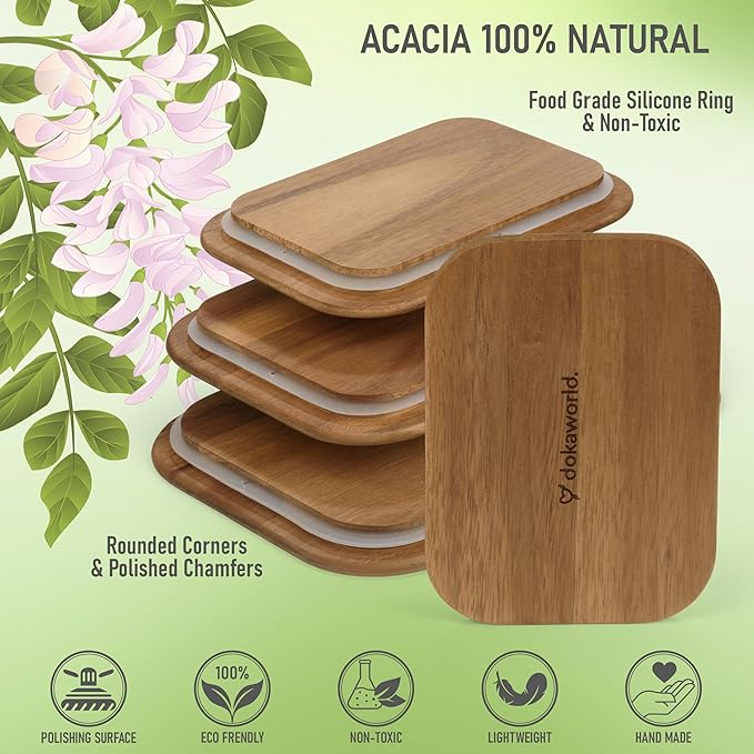 Natural Acacia Lids Set for Food Storage Glass Containers (4pcs) - Lids are compatible with all Glass Food Storage Containers Sets