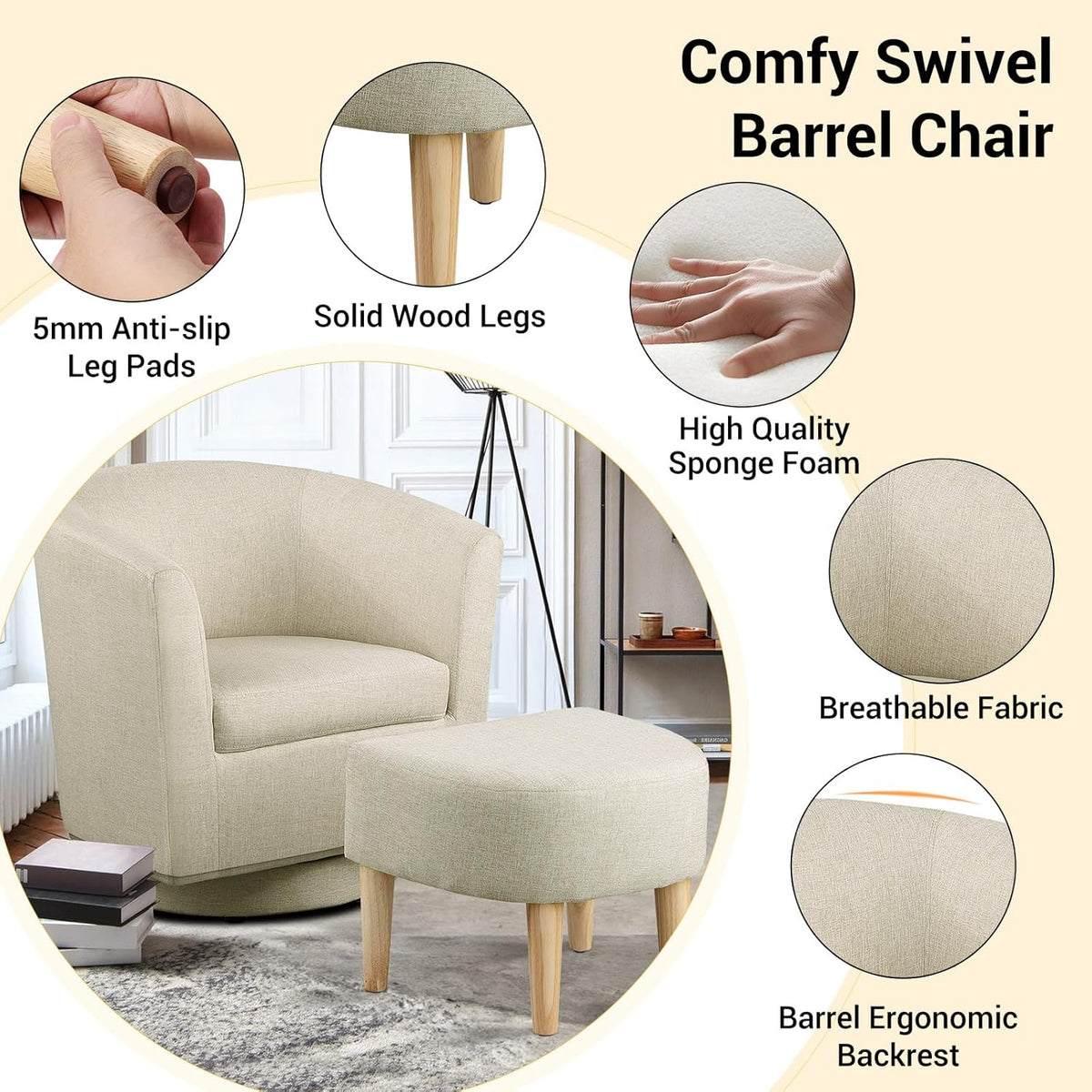 DAZONE Beige Swivel Accent Chair with Ottoman, Comfy Barrel Armchair for Small Spaces, 360° Modern Fabric Lounge Chair for Living Room, Bedroom, Reading Nook, Home Office