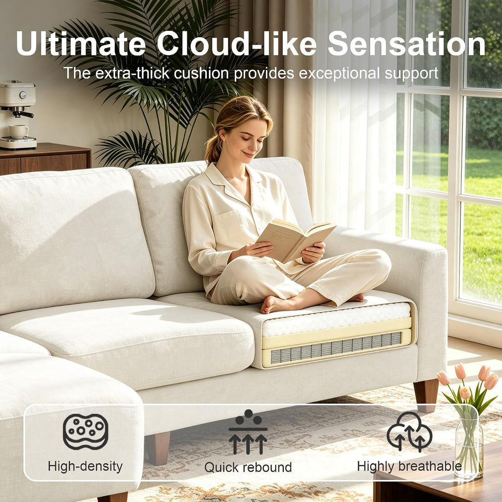 L Shaped Sectional Couch for Living Room, Modular Small Sofa with Ottoman | 96 Inch, 3 Deep Seats, White, Chenille, Easy Tool-Free Assembly, Modern Compact Sofa Set for Apartment, Office, Small Space