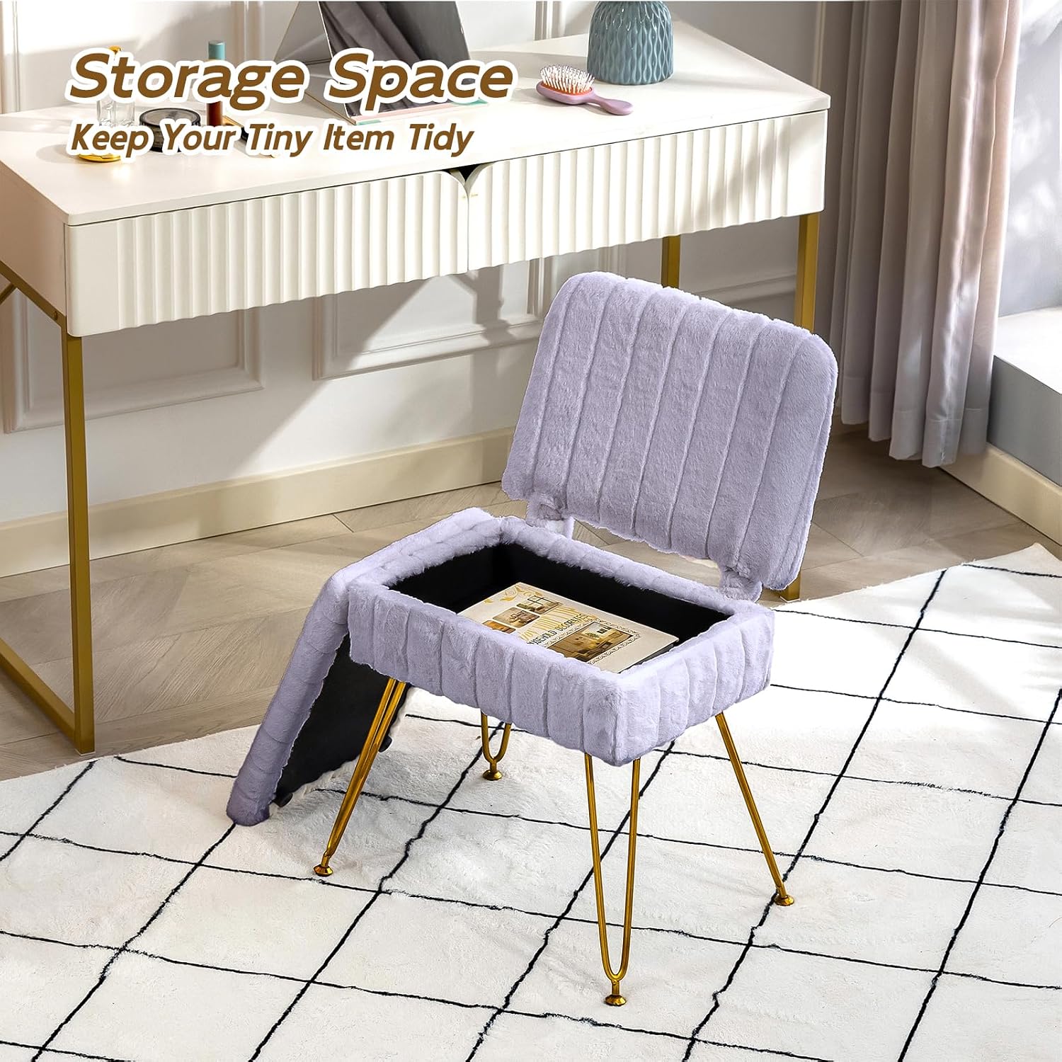 Vanity Chair with Storage | Comfy Ottoman with Folding Back