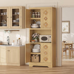 Garvee 72" Tall Pantry Cabinet, Kitchen Hutch Storage Cabinet with Countertop for Microwave, Freestanding Wooden Cupboard with Carved Door & Crystal Handle, for Dining Room, Living Room, Light Oak