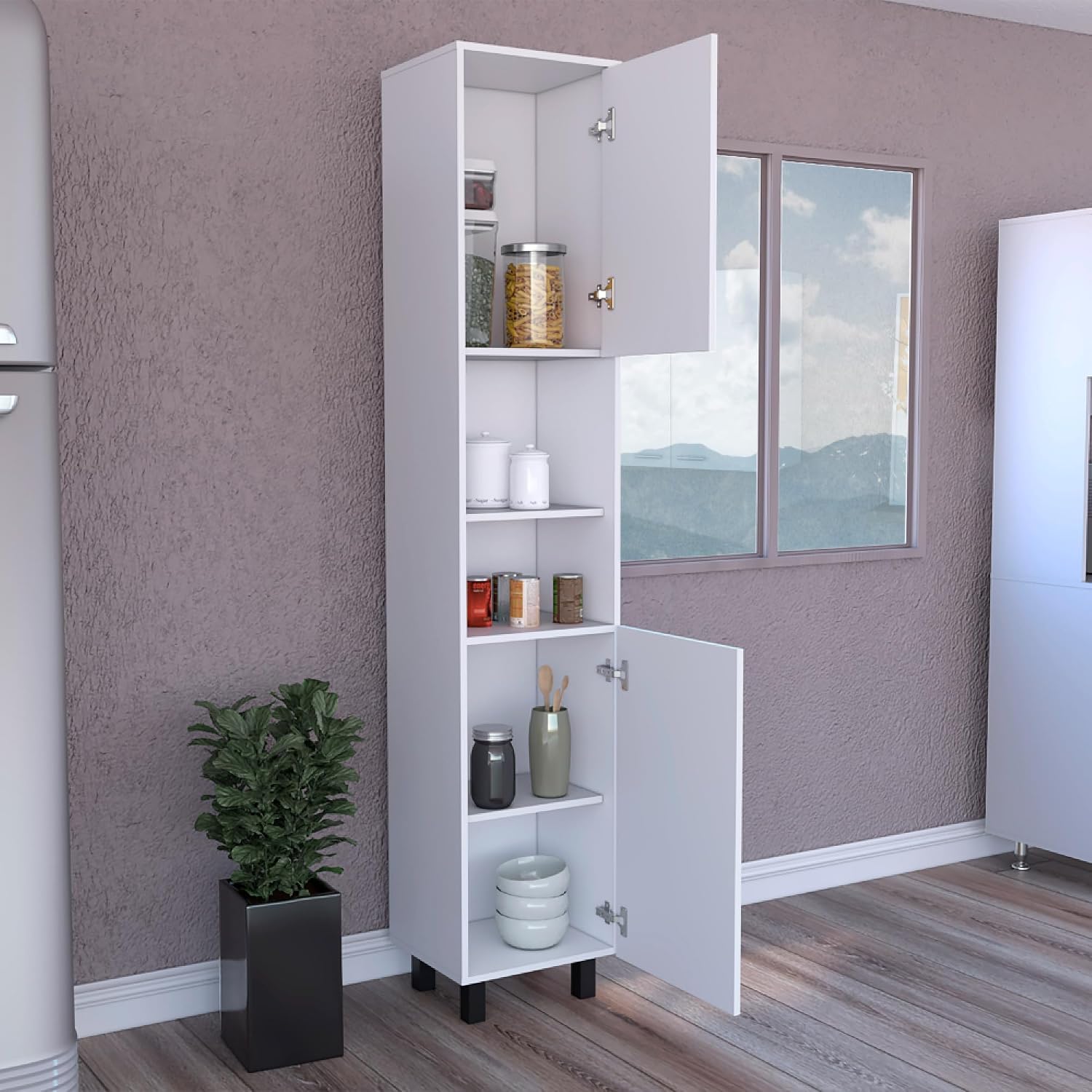 Kitchen Pantry 79" H, Two Open Storage Shelves, Three Internal Shelves, Two Doors, Four Legs, White