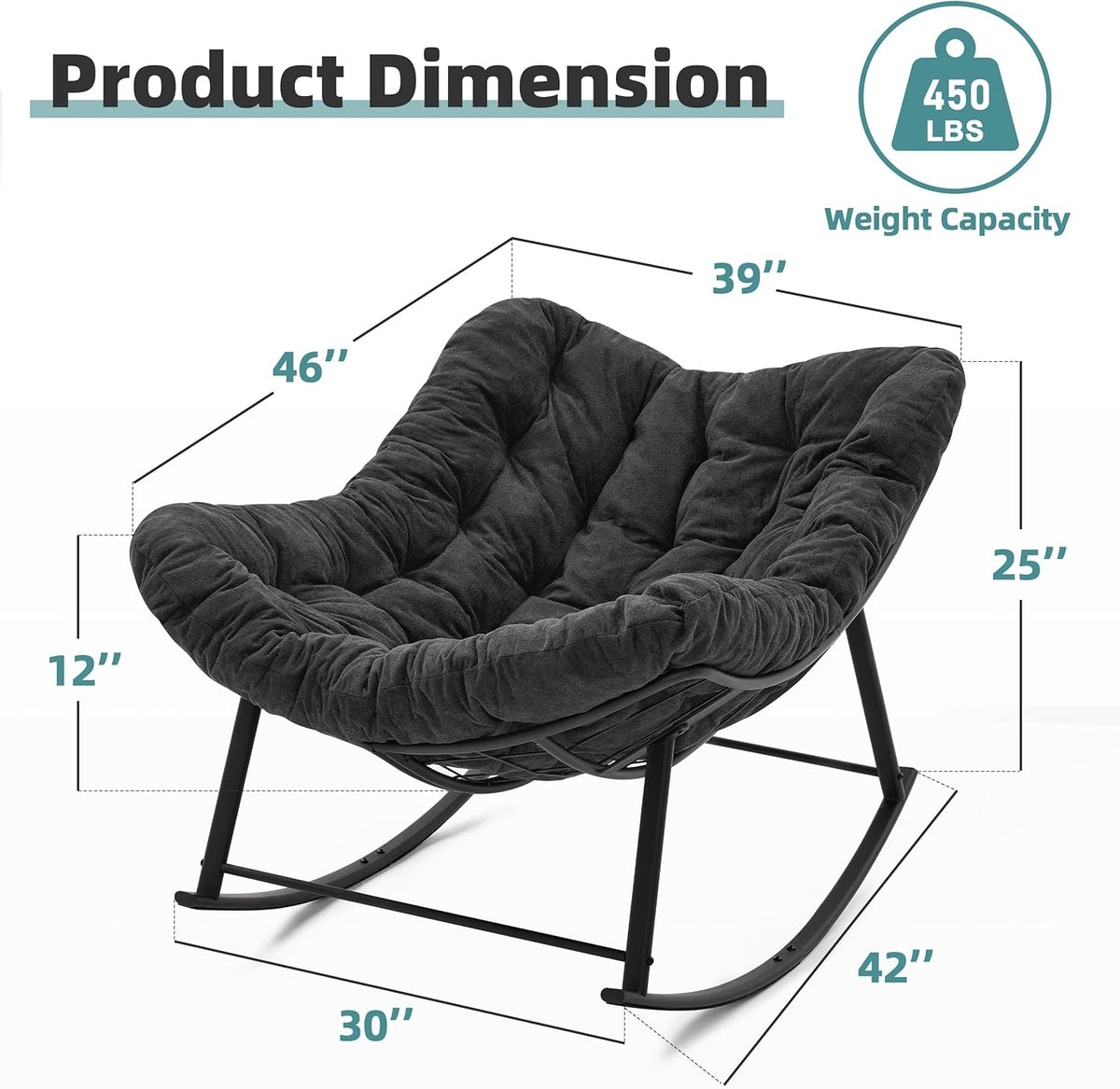 Oversized Rocking Chair Indoor, Papasan Rocking Chair Outdoor, Lounge Chair with Cushion, Patio Egg Rocker Chairs, Comfy Reading Chairs for Bedroom, Living Room, Garden, Lawn, Dark Grey