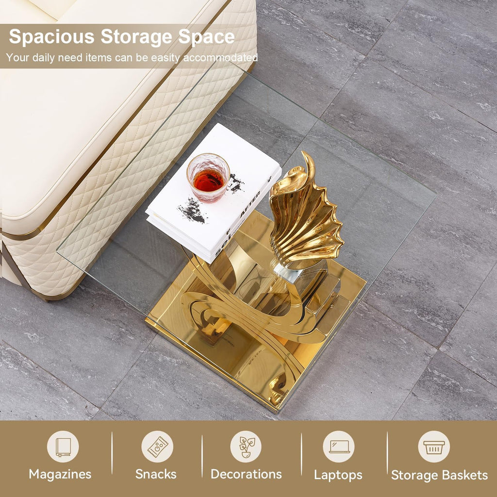 Gold Glass End Table, Modern 22.8" Square Sofa Side Table for Living Room, Tempered Glass End Bedside Table Nightstand with Ring-Shape Stainless Steel Base for Bedroom Home Office