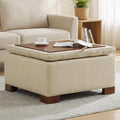 30 Inch Square Storage Ottoman Coffee Table, Modern Tufted Upholstered Ottoman with Flip Tray and Solid Wood Legs, Suitable for Living Rooms, Linen Khaki
